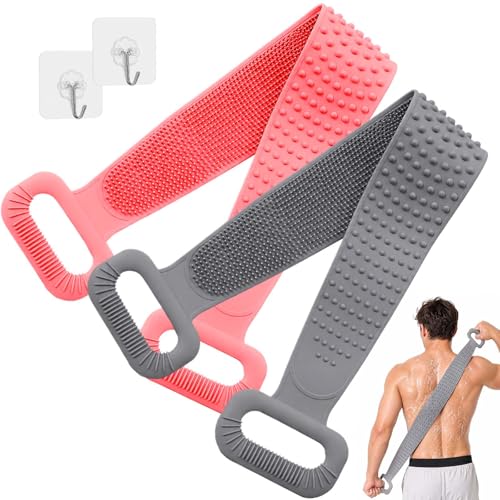 Manmihealth Silicone Back Scrubber for Shower, 36'' Extendable Back Washer with Long Strap Handle, Dual-Sided Silicone Body Brush for Men and Women (Gray+Pink) - color: Gray+pink