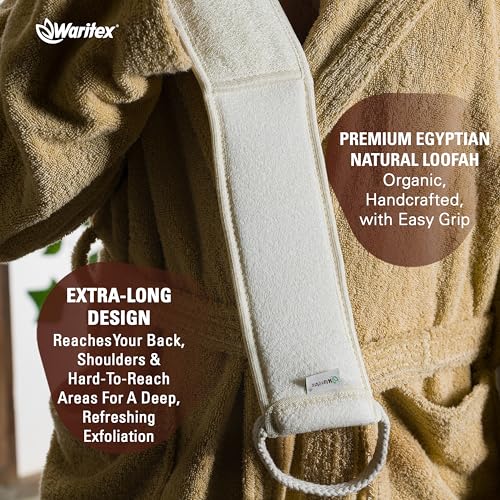 Waritex Organic Egyptian Extra-Long Loofah Exfoliating Back Scrubber | Natural Loofah Fiber Exfoliating Body Scrubber for Shower Deep Clean, Hard-to-access Body and Back Areas for Men and Women