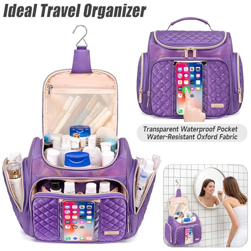 Tealari Large Toiletry Bag for Women Men,Bathroom Bag,Water Resistant Shower Bag,Makeup Bag,Portable Shower Caddy for College Dorm,Hanging Travel Toiletry Bag with Transparent Waterproof Phone Pocket - color: Purple-1