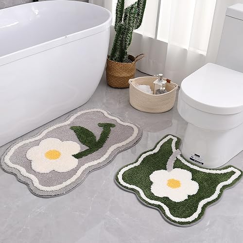 PTAEXCEL Toilet Rug U-Shaped, Floral Green Non-Slip Bath Mat Soft Plush Contour Bathroom Rug, Absorbent Microfiber Machine Washable for Toilet Base, 22 x 20 Inches Green - color: Green 22x20"