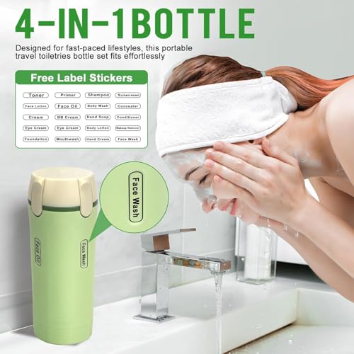 HISKI 4-in-1 Travel Bottles for Toiletries – Portable Shampoo, Conditioner, Lotion, Cream Containers with Labels & Measuring Scale – Leakproof Refillable Travel Bottles (2, Green) - color: Green