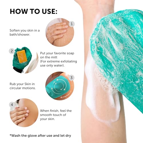 Valitic Exfoliating Glove Body Scrubber - Exfoliating Mitt Dead Skin Remover, Shower Face and Body Exfoliator - Korean Style Skin Scrubber Washcloth - Spray and Self Tan Remover, Pair Turquoise - color: Turquoise