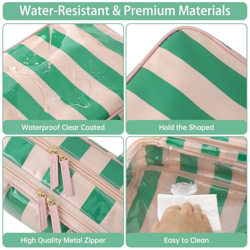 Travel Toiletry Bag for Women, Waterproof Clear Coated Portable Stripe Makeup Cosmetic Bag with Compartment, Travel Organizer for Shampoo, Conditioner, Brushes Set,Cosmetic Accessories(Pink-Green) - color: Green-Pink