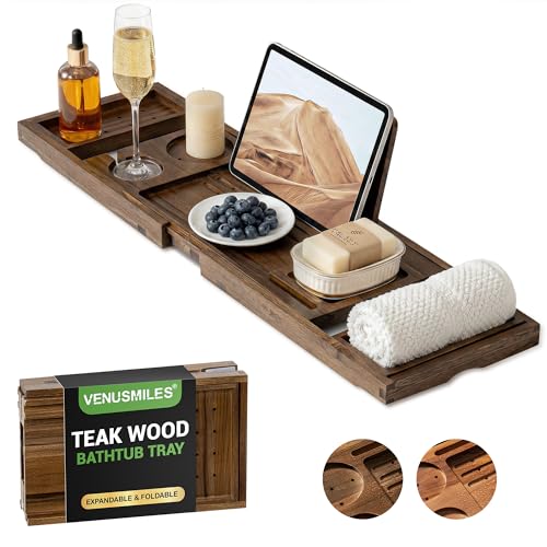 Venusmiles Teak Bathtub Tray Caddy, Foldable Bath Tray with Expandable Handles, Wine Glass and Phone Holders, Book Stand, for Home Spa Relaxation, Luxury Bathroom Accessories - Dark Walnut Color - color: Dark Walnut
