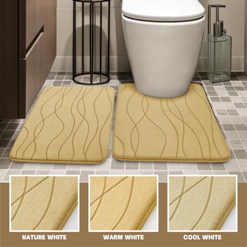 YIHOUSE Bathroom Rugs Set 2 Piece, Memory Foam Bath Mat Beige | U Shaped+Small Mat, Ultra Soft, Absorbent, Non-Slip, Machine Washable, for Bathroom, Sink and Toilet - color: Beige, size: 2' x 1'5" (Rectangular)