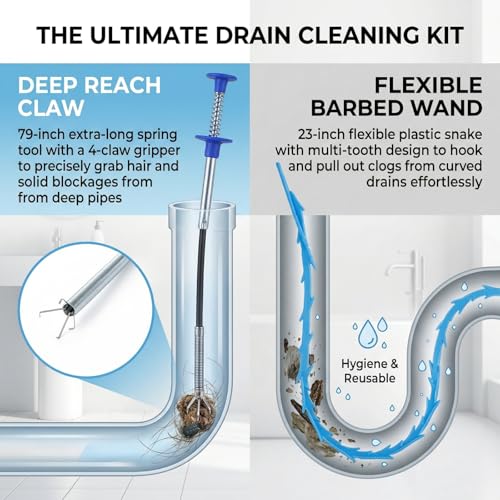 Drainage Snake, Drainage Cleaner, and Hair Removal Tool - Upgraded Version With Easier Pressing, Suitable for Toilet Unclogging, Sink, Shower, Flexible Drainage Snake - (23 inches, 79 inches)