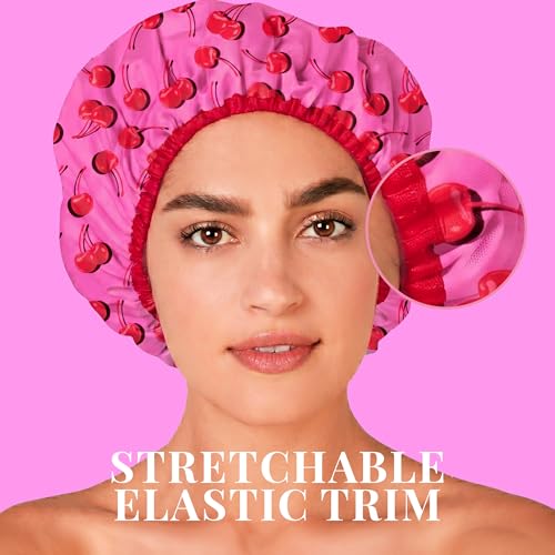 Betty Dain Reusable Bath and Shower Cap, Oversized Waterproof Shower Cap for All Hair Lengths, Frosted PEVA Lining, Elastic Stretch Hem, Ruched with Satin Bow, Cherry Bomb - color: Cherry Bomb