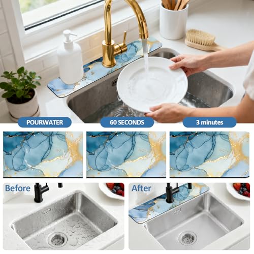 2 Pcs Kitchen Sink Splash Guard Faucet Mat Marble Texture Faucet Mat for Sinks Absorbing Drying Mats for Kitchen Bathroom, 23.6x5.5inch - color: Marble Texture Pattern
