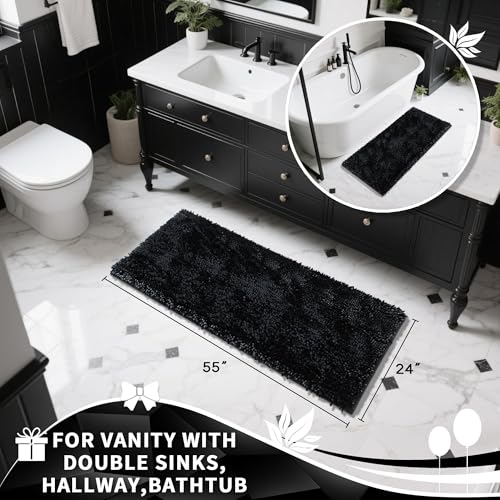 Yimobra Long Bathroom Rugs Runner 55x24 Inch, Extra Thick Soft Absorbent Chenille Bath Mat, Non Slip Machine Washable, Quick Dry Bath Rugs for Bathroom Floor, Tub and Shower, Black - color: Black, size: 55" X 24"