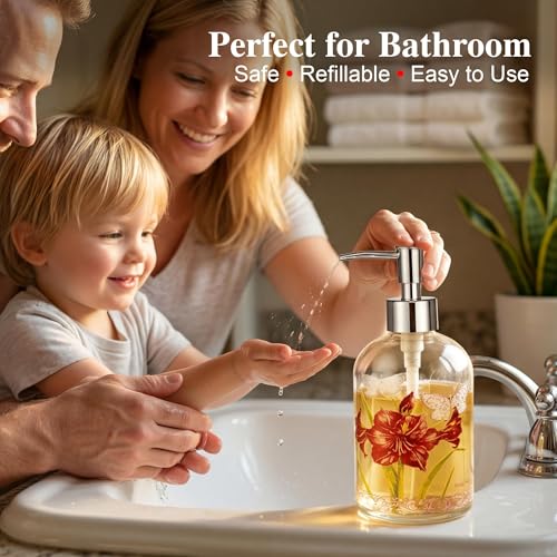 Topadorn 17oz Glass Soap Dispenser with Pump, Refillable Hand & Dish Soap Dispenser, Vintage Floral Bathroom Soap Dispenser for Kitchen, Bathroom Counter & Lotion - color: Maroon