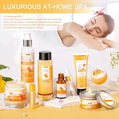 Gifts for Women, Birthday Gift for Women, 9 Pc Almond Milk & Honey Bath and Body Gifts Set, Self Care Gifts Spa Gift Basket, Relaxing Bath Sets for Mom, Girlfriend, Sister, Female Friends, Coworker