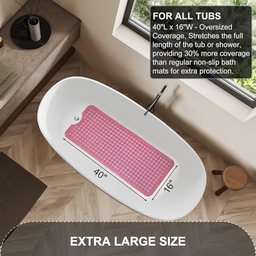 TEESHLY Bath Tub Shower Mat, Non Slip Bathtub Floor Liner Mats with Suction Cups and Drain Holes, Machine Washable Bathmat for Bathroom Floor Safety, 40 x 16 Inch, Clear Burgundy - color: Burgundy (Translucent)