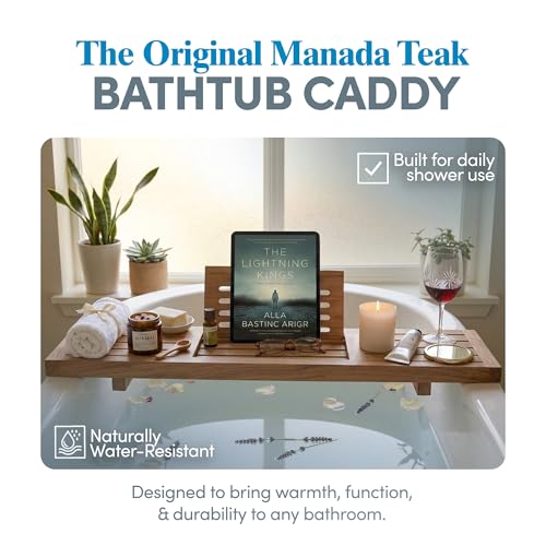 AquaTeak 30" Manada Teak Bathtub Tray Caddy - Durable, Water-Resistant Bath Tray for Tub with Foldable Book & Tablet Stand - Fits Standard Soaking Bathtubs - Bathroom Accessories for Spa