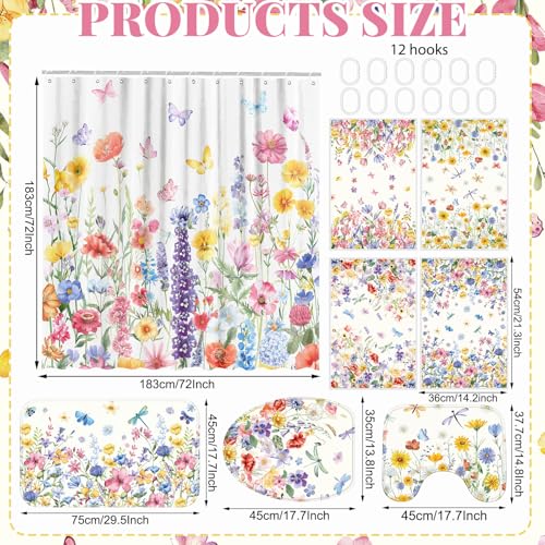Tatuo 8 Pcs Wildflower Shower Curtain Set Watercolor Floral Bathroom Accessories Decor Farmhouse Plants Butterfly Waterproof Shower Curtain with Towels Carpet Bath Mat Toilet Rugs and 12 Hooks - style: Wildflower
