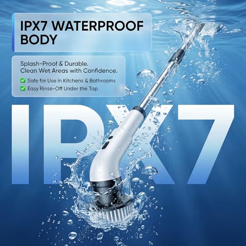 Electric Spin Scrubber, Cordless Power Scrubber for Bathroom/Shower/Tub/Tile & Grout, 9 Brush Heads, Dual-Speed, Adjustable Extension Handle, IPX7 Waterproof, USB-C Rechargeable Cleaning Tool (White)