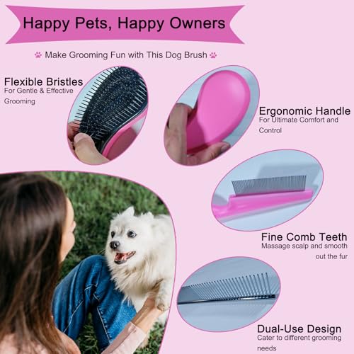 3 PCS Puppy Brush Grooming Kit, Stainless Steel Flea Comb, Fit for Yorkie, Shih Tzu, Maltipoo, Soft Bristle (Pink) - color: Pink