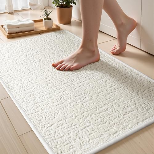Ultra Thin Door Mat Low Pile Washable Cream Thin Bathroom Rugs Fit Under Door Small Quick Dry Bath Mats Non Slip Shower Rug, 17" × 24" - color: Cream, size: Small(17"x 24")