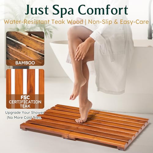Premium Teak Shower Mat - 24" x 16" Non-Slip Wooden Bath Mat for Bathroom Floor, Fast-Drying Spa-Style Solid Wood Duckboard, Indoor & Outdoor Use - size: 24" x 16" (Rectangular)