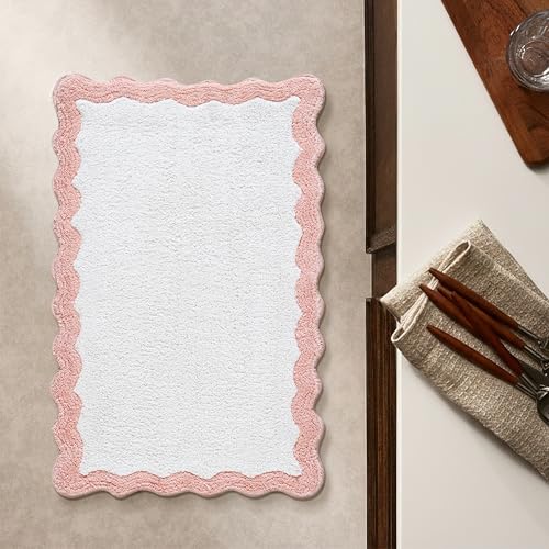 Cotton Scalloped Bathmat with Antiskid 20"x32" Blush Pink – 100% Cotton Scalloped Bath Mat, Anti Skid, Soft & Absorbent Bathroom Rug for Shower, Tub & Entryway - color: Blush Pink, size: 1'8" x 2'8" (Rectangular)
