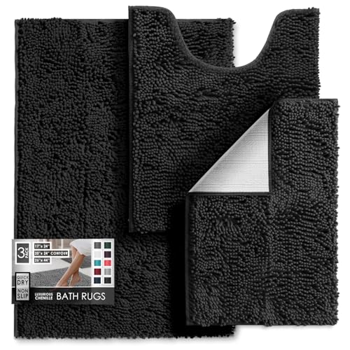 Hearth & Harbor Bathroom Rugs, Chenille Bath Mat - Machine Washable Bath Mats for Bathroom Non-Slip Backing Rubber, Quick Dry Mat - Black Bath Rug, 17x24-26x44-20x24 - color: Black, style: 17x24 / 26x44 / 20x24