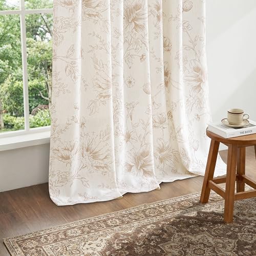 Floral Linen Curtains 120 Inches Long 2 Panels Set Extra Long Country Farmhouse Neutral Boho Pinch Pleated Peony Flower Patterned Curtain for Living Dining Room Back Tab Pleated Leaf Printed Drapes - color: Coffee, size: 40"W x 120"L (Pack of 2)