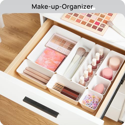 Vtopmart 25 PCS Plastic Drawer Organizers Set, 4-Size Versatile Bathroom and Vanity Drawer Organizer Trays, Storage Bins for Makeup, Bedroom, Kitchen Gadgets Utensils and Office - color: White