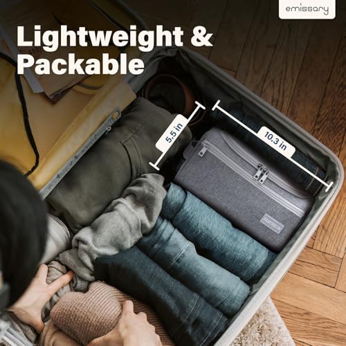 emissary Hanging Travel Toiletry Bag for Men, Dopp Kit - Gray | Built-in hook, waterproof wipe-clean lining, clear & mesh pockets; men's travel toiletry organizer, folds flat - color: Gray