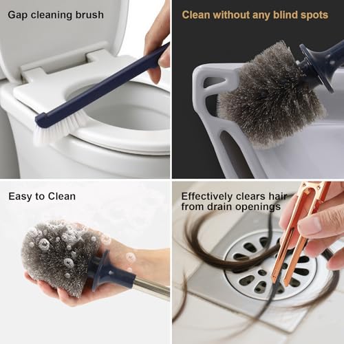 Toilet Bowl Brush and Holder 2 Pack Long Handled Toilet Brush Set for Bathroom with Gap Cleaning Brush and Clip deep Cleaning Wall-Mounted Household 3-in-1 Cleaning Brush Set （Blue）