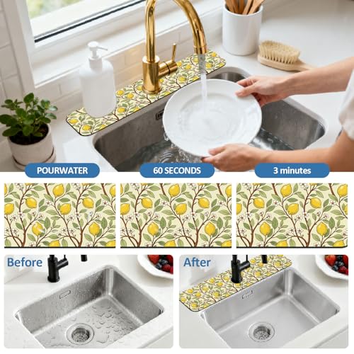 2 Pcs Kitchen Sink Splash Guard Faucet Mat Lemon Tree Pattern Faucet Mat for Sinks Flower Absorbing Drying Mats for Kitchen Bathroom - color: Lemon Tree Pattern