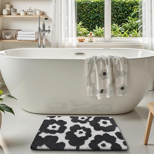 LUMI Bathroom Rugs Cute Floral Design, Soft Absorbent Microfiber Bath Mat Non-Slip, Machine Washable Quick Dry Luxury Rug Flower Black and White for Floor, Bathtub, Home Decor, 24"x36" - color: D-black Flower, size: 24"x36"