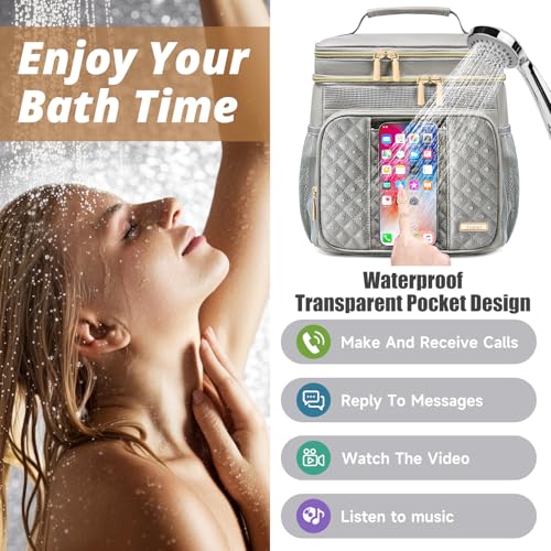 Large Leather Toiletry Bag for Women Men,Bathroom Bag,Water Resistant Shower Bag,Makeup Bag,Portable Shower Caddy for College Dorm,Hanging Travel Toiletry Bag with Transparent Waterproof Phone Pocket - color: Grey Leather