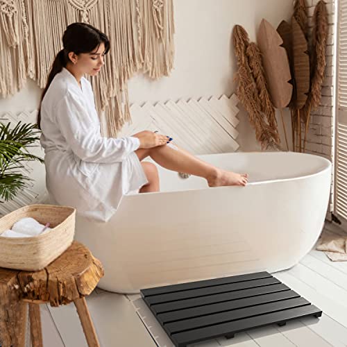 Bath Mat for Bathroom Luxury Shower - Non-Slip Bamboo Wooden Waterproof Floor Mat for Indoor or Outdoor Use(Black) - color: Black, size: 21.3" x 14.2" (Rectangular)