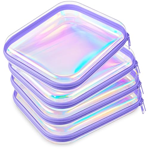 Hoolerry 4 Pcs Hard Clear Zipper Case Makeup Bags Plastic Zipper Pouch Transparent Storage Box Containers for Cosmetics, Snacks, Building Blocks, Puzzles(Clear,9.8 x 7.9 x 2 in,Purple Laser) - color: Purple Laser, size: 9.8 x 7.9 x 2 in