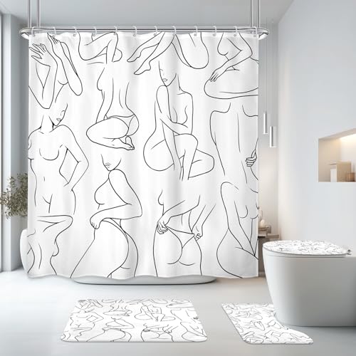 SVBright 4PCs Abstract Black White Bathroom Sets Women Line Shower Curtain Set 72Wx72H Modern Bathroom Rug Quick Dry Bath Rug Mat Toilet Mat U-Shape Cover Nonslip Washroom Decor Shower Accessories - color: A-03white（4pcs）, size: 72"W x 72"L (Pack of 4)