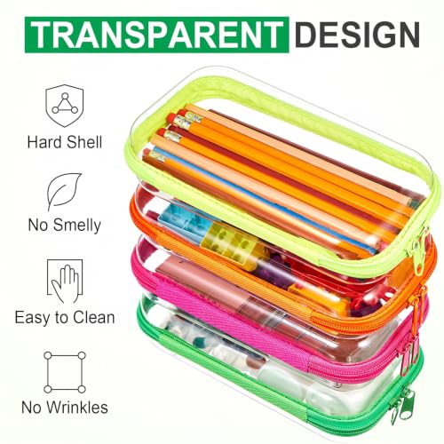 Hoolerry 4 Pcs Hard Clear Zipper Case Makeup Bags Plastic Zipper Pouch Transparent Storage Box Containers for Cosmetics, Snacks, Building Blocks, Puzzles(Clear,7.5 x 3.9 x 2 in,Fluorescent) - color: Fluorescent, size: 7.5 x 3.9 x 2 in