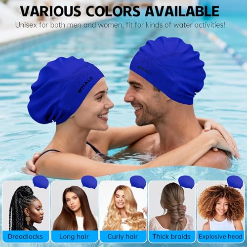 WHALE Extra Large Swim Cap Designed for Men and Women with Thick, Long Hair, Hair Extensions Or Afro-Textured Hair Long-Hair Swim Cap Highly Waterproof to Keep Hair Dry - color: Deep Sea Blue