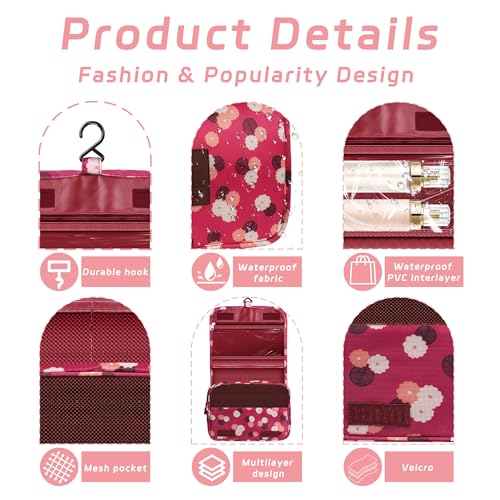 Toiletry Bag Travel Bag with Hanging Hook, Waterproof Capacity Hanging Multifunctional Makeup Bag for Toiletries, Portable Cosmetic Bag Travel Organizer for Women and Men(Wine Red FLower) - color: C2-Wine Red Flower