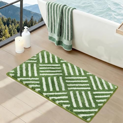 ORTIGIA Striped Green Bathroom Rugs Non Slip Washable, 20x30 Quick Dry Absorbent Soft Plush Microfiber Bath Mats, Bath Rugs for Bathroom Floor Carpet for Sink Bedroom