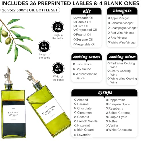 Olive Oil Dispenser Bottle for Kitchen, 16.9oz /500ml Cooking Vinegar Dispenser Bottle Set, Glass Sauce Container, Labels, Brush, Funnel, Stoppers, Green for Oil, Wine - color: Silver