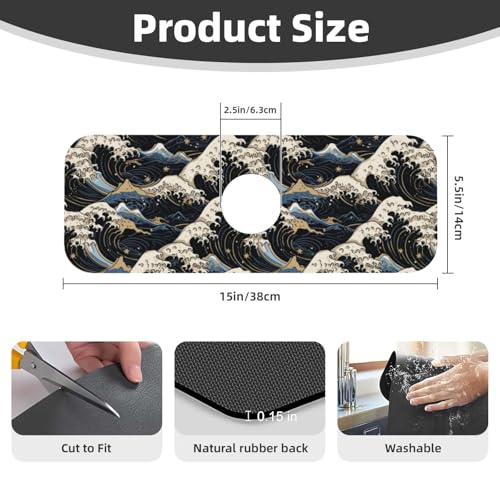Japanese Wave Black 15" X 5.5" Kitchen Sink Splash Guard Faucet Faucet Guard Draining Mat Sink Splash Guard Faucet Kitchen Bathroom - color: Japanese Wave Black