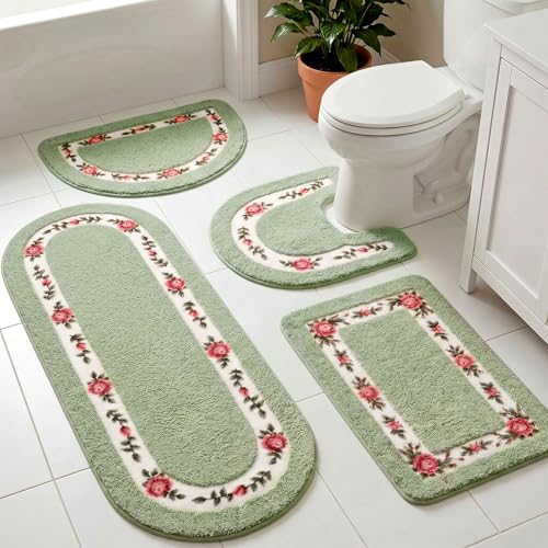 Timgle 4 Pcs Rose Flowers Coquette Bathroom Rugs Set Coquette Doom Decor Rose Flower Area Rugs Non Slip Absorbent Washable Door Mat Floral Bathroom Carpet for Home Hotel, 4 Shapes(Green) - color: Green