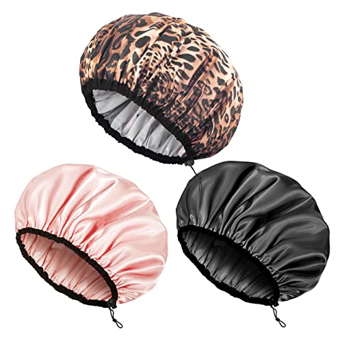 Auban Shower Cap for Women, Adjustable Reusable, Extra Large, Double-Layer Waterproof Bathing Cap, Waterproof Exterior, EVA Lining, Hair Cap for All Hair Lengths, 3 Colors - color: Leopard-champagne-black