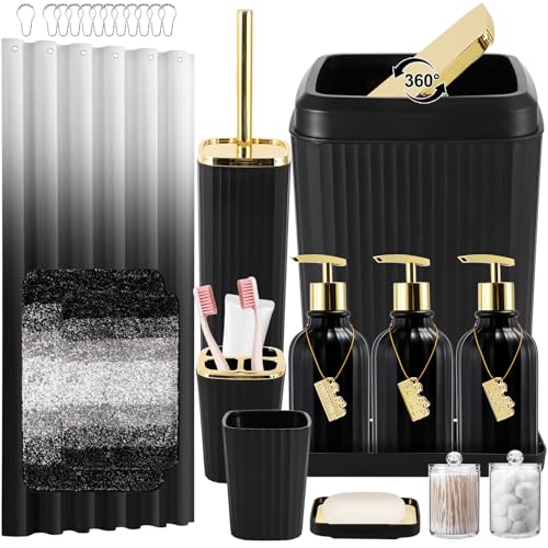 32PCS Bathroom Set Bathroom Sets with Shower Curtain and Rugs Black Bathroom Accessories,Shower Curtain Set,Bathroom Rug Set with Bathroom Trash Can - size: Bath Set+Gradient Shower Curtain+Bath Rugs, style: Black