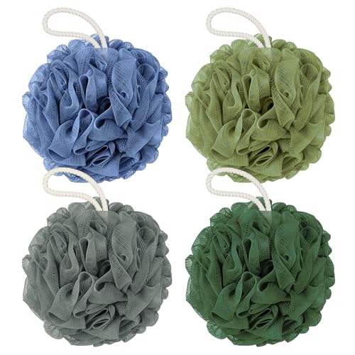 Rnoafmu Shower Loofah Bath Sponge, 60G Loofah Exfoliating Body Scrubber, 4 Color Mesh Shower Pouf Balls for Body Wash (Blue Gray Green Dark Green) - color: Blue Gray Green Dark Green