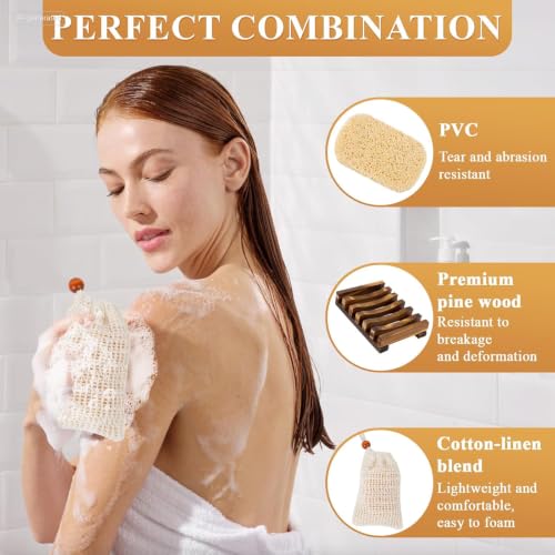 Supkiir 48 Pcs Soap Saver Set Including 16 Pcs Wooden Dish Holder, 16 Pcs Exfoliating Bag and 16 Pcs Saver Pads with Self Drain, Mix-color Soap Accessories Set for Shower Bath Toilet Kitchen and Hotel