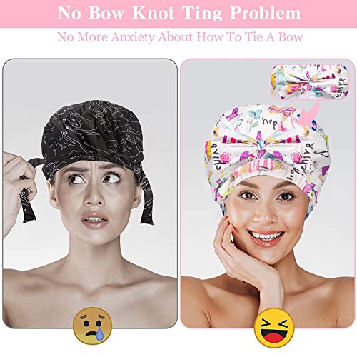 2 PCS Extra Large & Adjustable Shower Caps, Bow Knot Hair Cap | Reusable & Double Layer Bathing Cap for Women, Waterproof Outer & EVA Lining, for Shower, Spa, Makeup, for All Hair Lengths - color: 2-Light-2PS