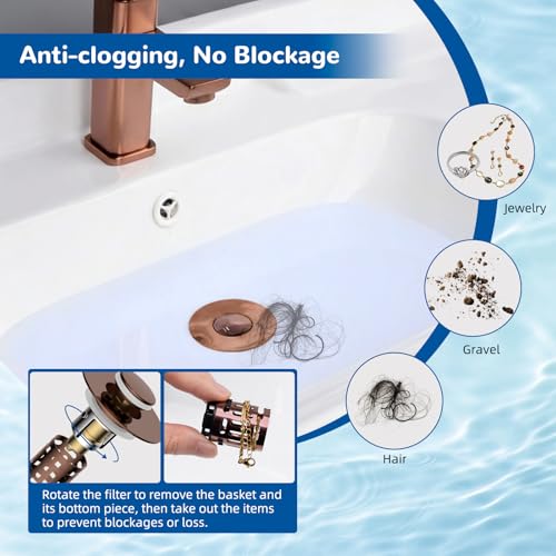 Hibbent Upgraded 3 in 1 Bathroom Sink Drain Strainer, Universal Pop Up Stopper with Removable Stainless Steel Filter Basket Hair Catcher, Sink Plug for 1.1''~2.36'' Basin, Brass Bullet Core, Rose Gold - color: Rose Gold