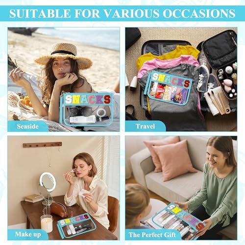 Snack Bag for Travel & Makeup - Clear Chenille Letter Zipper Pouch, Waterproof Cosmetic Tote Bag for Women & Girls (Blue) - color: Blue
