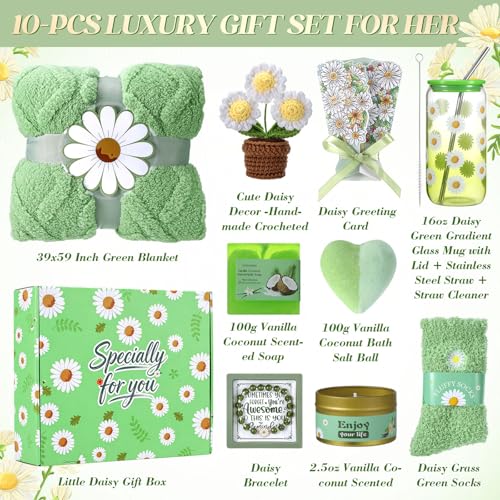 Self Care Gift Basket for Women with Blanket & Tumbler, Daisy Spa Gift Box | Birthday,Get Well Gifts for Women,Thinking of You Gifts Set for Mom, Wife, Sister, Best Friend