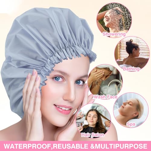 2 PCS Large Shower Cap for Braids - Waterproof Shower Cap for Women, Reusable XL Plastic Shower Caps Jumbo Bath Bonnet for Long Thick Curly Hair, Locs, Twist Braids (Black, Grey) - color: Black+Grey